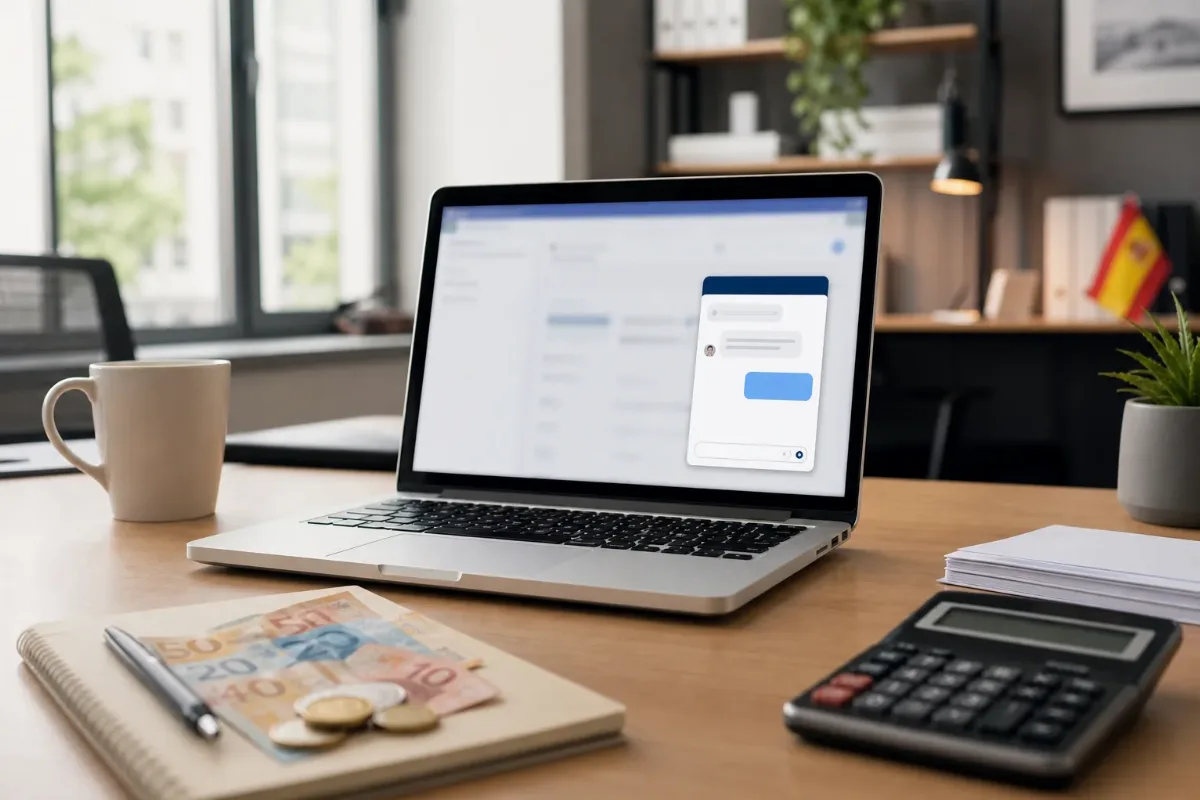 Portátil con widget de chatbot en una web y notas de presupuesto sobre el escritorio