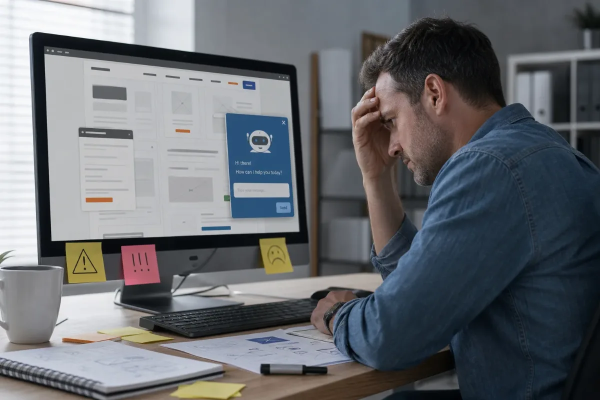 Profesional revisando un chatbot genérico mal integrado en una página web