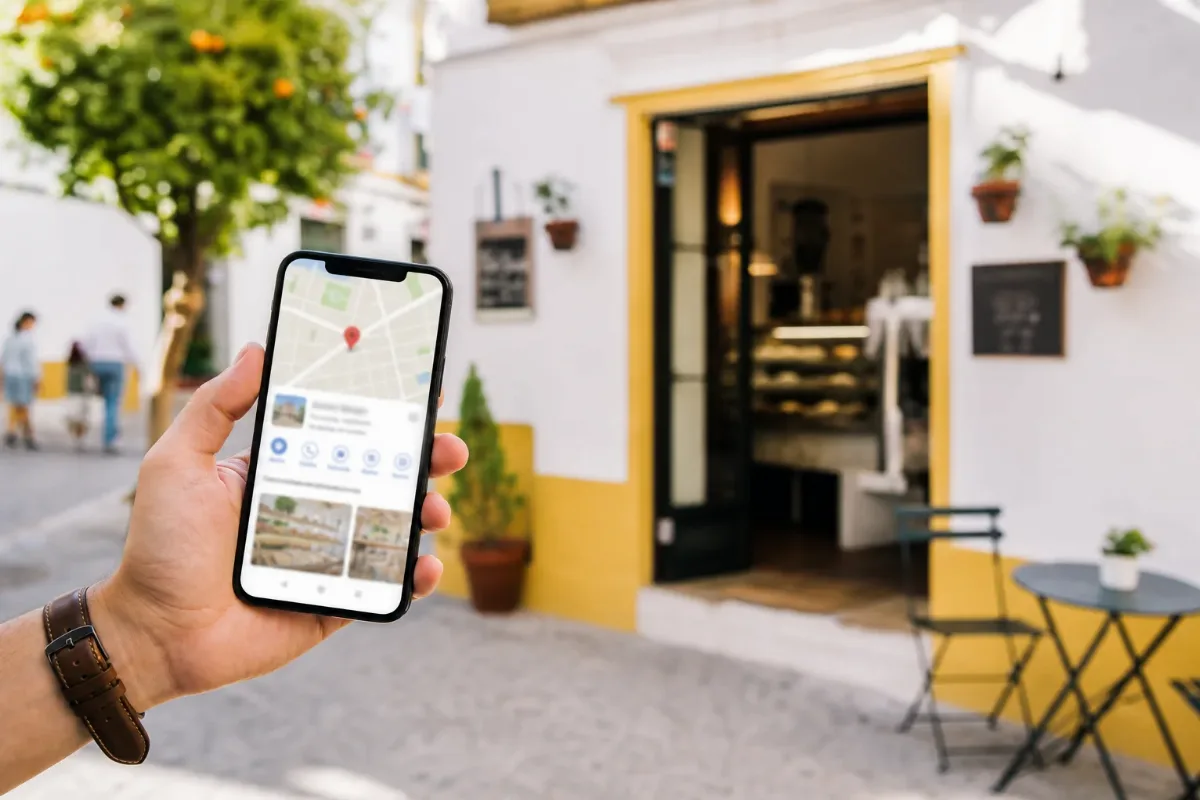 Negocio local y móvil con ficha de mapa frente a un comercio en la calle