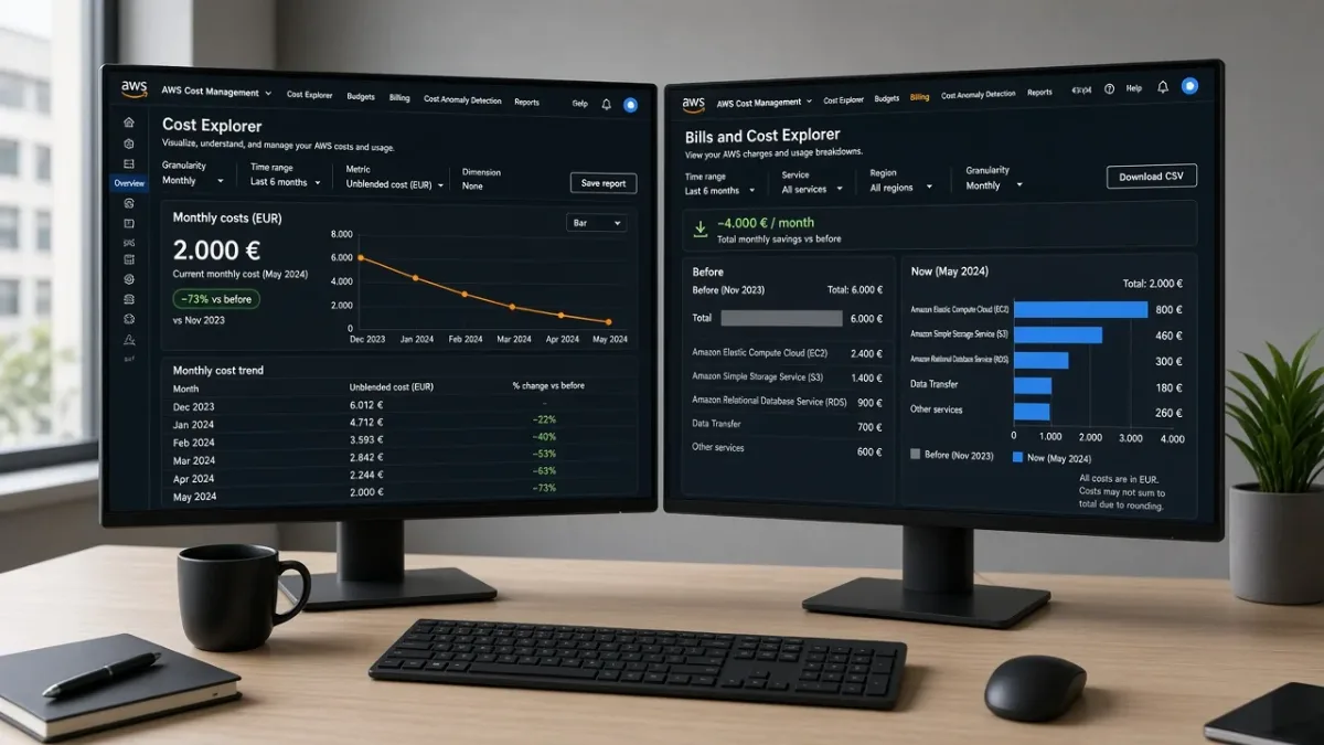 Monitores con panel de costes cloud antes y después de la optimización