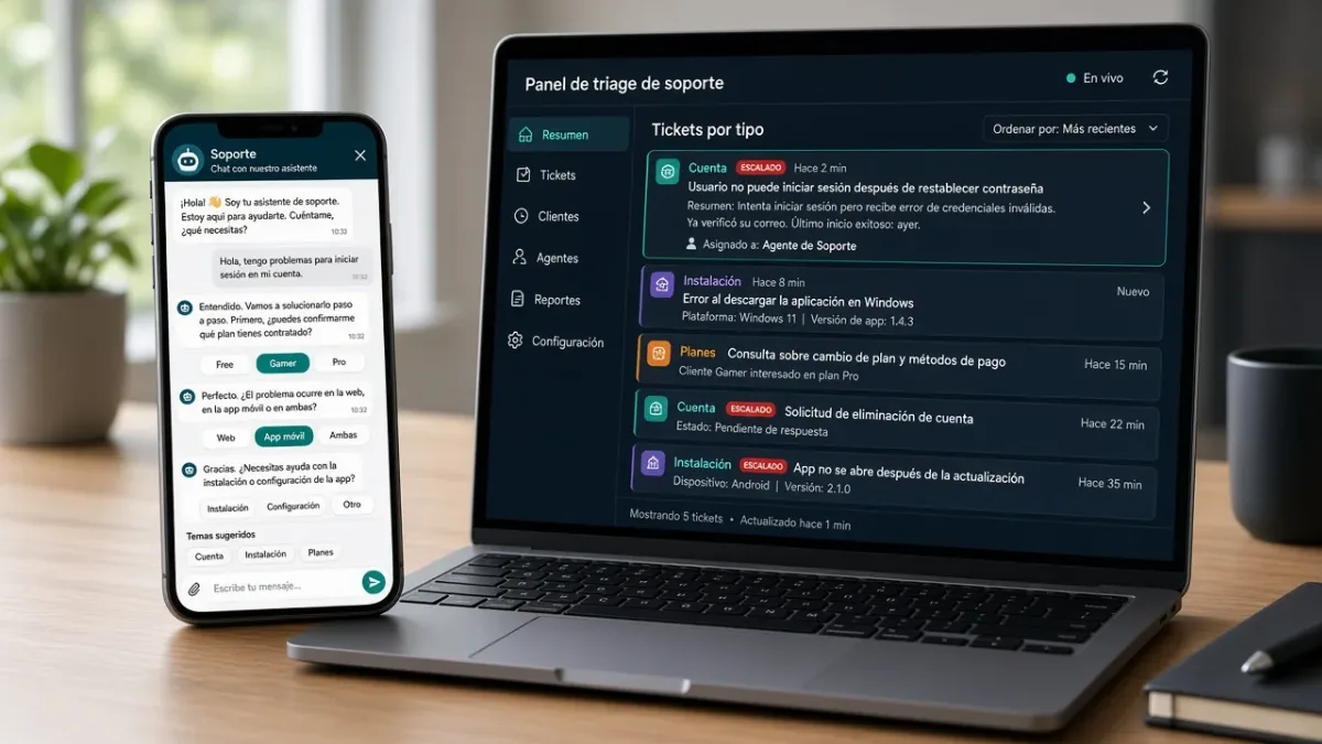 Móvil con chat de soporte al jugador y panel de triaje de incidencias de cuenta y plataforma